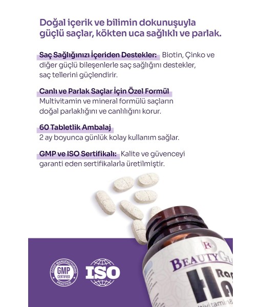 BEAUTYGLOW Rapid Hair – Multivitamin, Multimineral & Siberian Sarımsağı Içerikli Saç Formülü 60 Tablet
