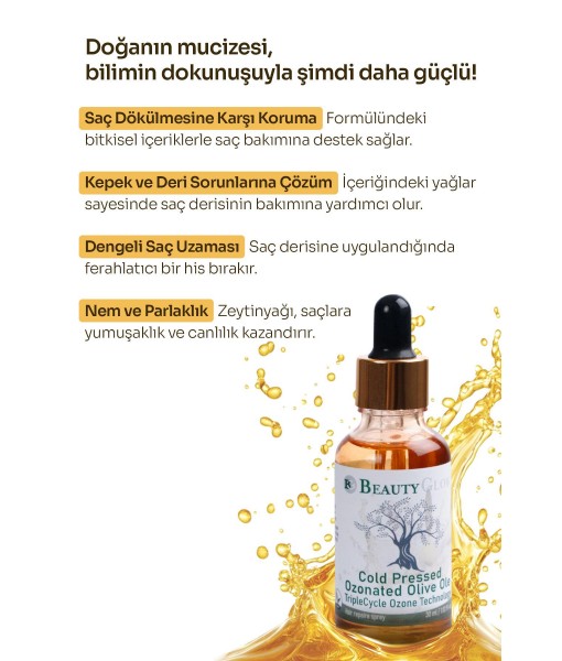 BEAUTYGLOW ® Triple Cycle Teknolojilisi ile Ozonlu 650 polifenol  Zeytin Yağı içerikli Damlalıklı Serum 30 mL . Saçlarınıza ve saç derisine nüfuz eden kökten uca besleyen ve onaran formül 